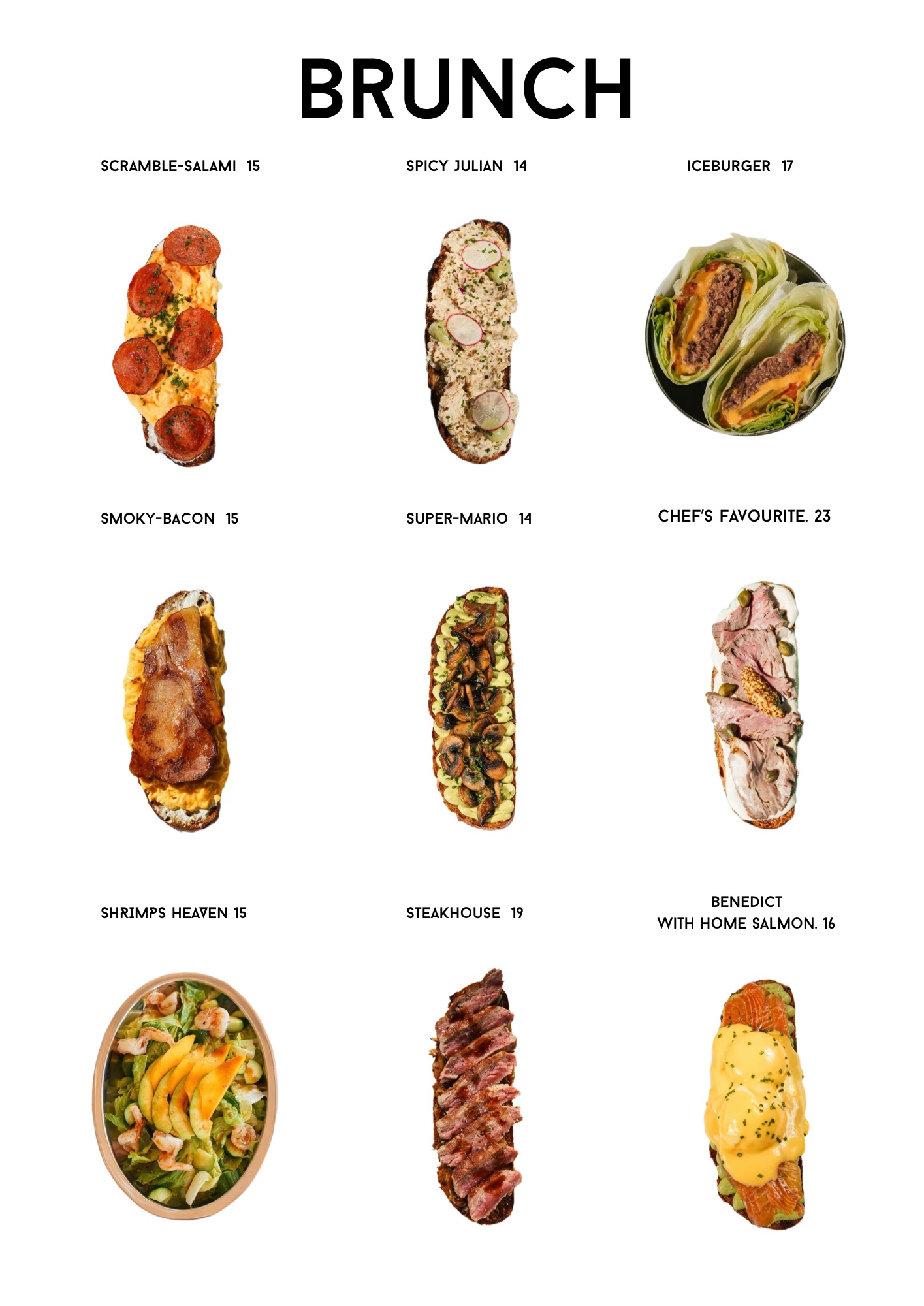 ONLYFOOD brunch menu, page 1.